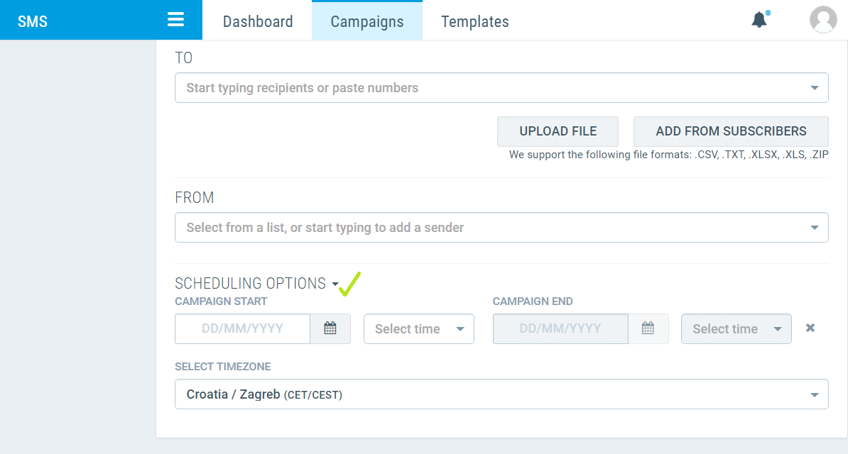 infobip portal sms scheduling screenshot