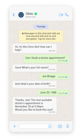 Customer service automation example showing how a health clinic can automate appointment bookings with a WhatsApp chatbot